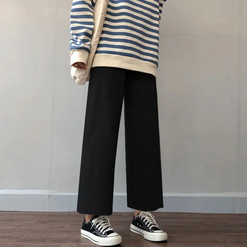 Cusual Pants Women Spring Summer Ankle-length Loose Wide Leg Elastic High Waist Oversize Black Simple Comfortable Elegant Ladies