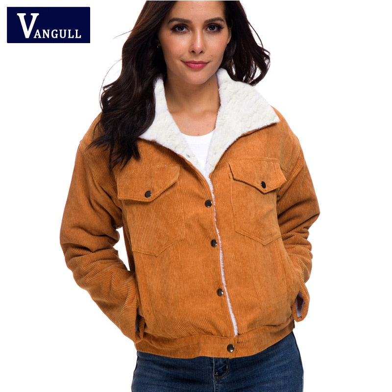 Vangull Winter Damen Cord Fleece Mantel Warm Verdicken Baumwolle Samt Damen Jacke Mode Kunstpelz Futter Langarm Outwears