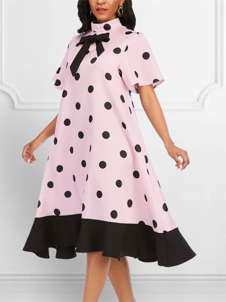 Frauen Rosa Kleid Polka Dot mit Fliege Schöne Lose Prinzessin Party Rüschen Patchwork Kurzarm Afrikanische Frau Niedlich Vestidos