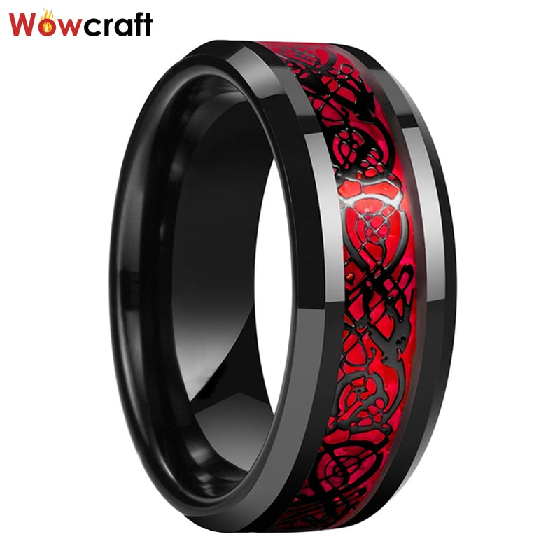 8mm Tungsten Wedding Band Rings for Men Women Gunmetal&amp;Black Plated Opal Dragon Inlay Beveled Edges Comfort Fit