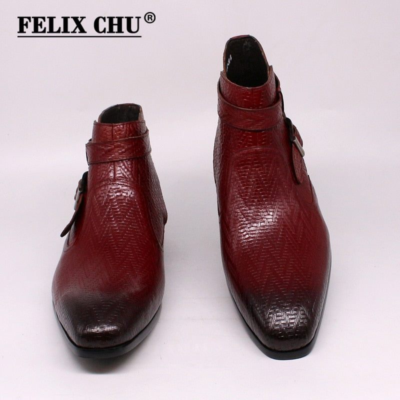 Botines hechos a mano para hombre Felix Chu, botas de moto de cuero genuino para hombre, zapatos de vestir altos con correa de hebilla roja negra para hombre