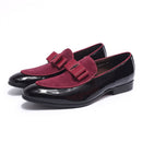 Handmade Genuine Patent Leather and Cow Suede Patchwork with Bow Tie Men Wedding Black Dress Shoes Mens Banquet Loafers Blue Red