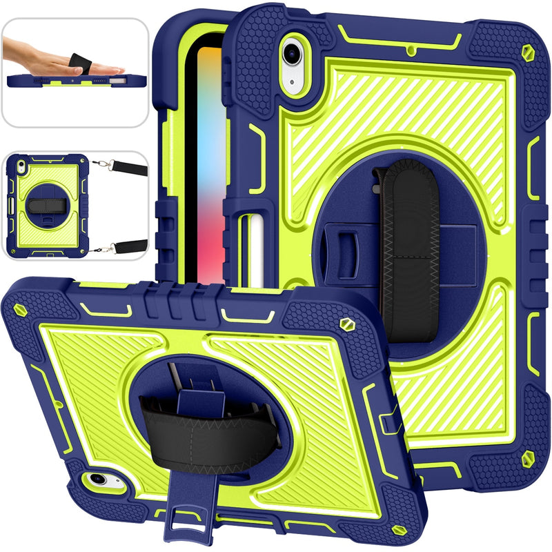 for iPad 10th Generation Case 10.9&quot; 2022, with Pencil Holder/360 Rotation Stand/Hand Strap, Heavy Duty Shockproof Rugged Cover