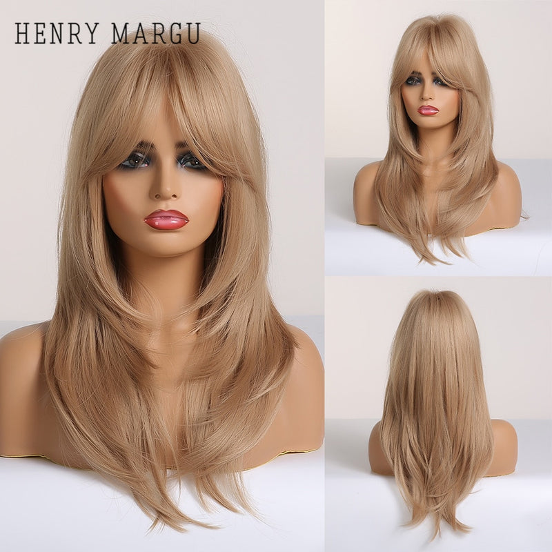 HENRY MARGU Long Straight Black Synthetic Wigs With Bangs Natural Fake Hairs for Women Afro Heat Resistant Cosplay Daily Wigs