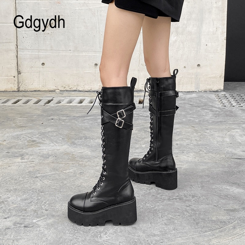 Gdgydh Fashion Women Boots Cross Strap PU Leather Autumn Winter Knee High Boots Ladies Thick Sole Platform Shoes Punk Gothic