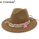 BUTTERMERE Womens Fedora Hat Wool Khaki Jazz Hats Female National Casual Large Brim Vintage Autumn Classic Felt Hat And Cap 2022