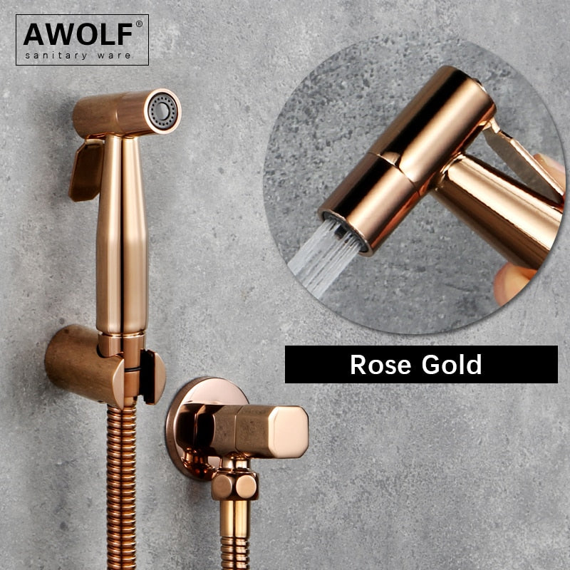 Awolf Rose Gold Hygienic Shower Head Handheld Toilet Bidet Sprayer Set Stainless Steel Shattaf Brass Valve Anal Shower AP2102