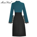 MoaaYina Fashion Runway dress Spring Women Dress Notched collar Long sleeve Lace Belte Patchwork Office Lady Slim Dresses