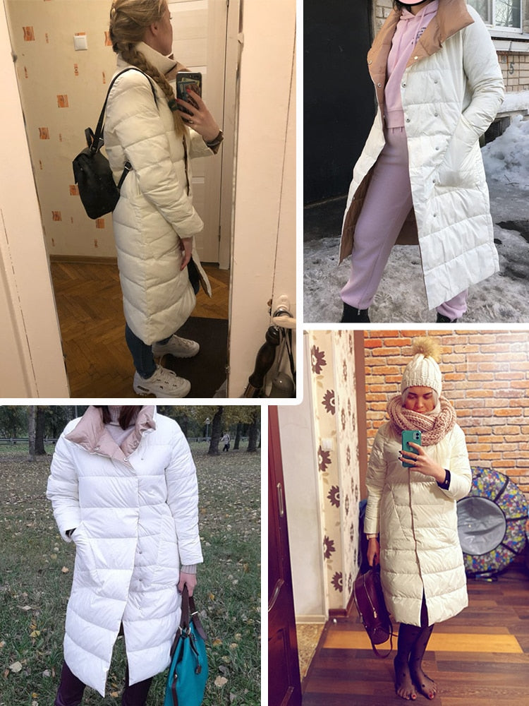 FTLZZ Damen doppelseitige lange Daunenjacke Winter 90% weißer Entendaunenmantel zweireihiger warmer Parkas Schnee Outwear