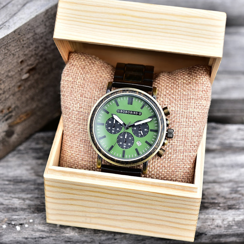 BOBO BIRD Reloj de madera Hombres Cronómetro Cronógrafo Lujo Elegante Fecha de exhibición Reloj de pulsera de cuarzo de madera Relojes masculinos en caja de regalo OEM