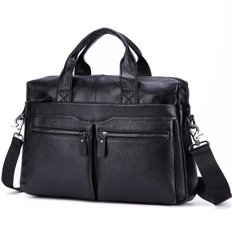 Black Men Genuine Leather Handbags Large Leather 14&quot; Laptop Messenger Bags Business Men&