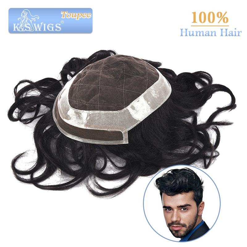 K.S WIGS 6'' Men's Toupee Swiss Lace+PU Around Natural Hairline Remy Hair Male Wig Replacement System Durable Hair Patch For Men