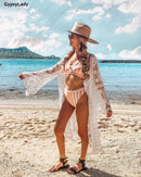 GypsyLady verano sol bordado malla cubrir-ups palangre Kimono blanco túnica playa Kaftan vacaciones largo Boho trajes de baño Tops