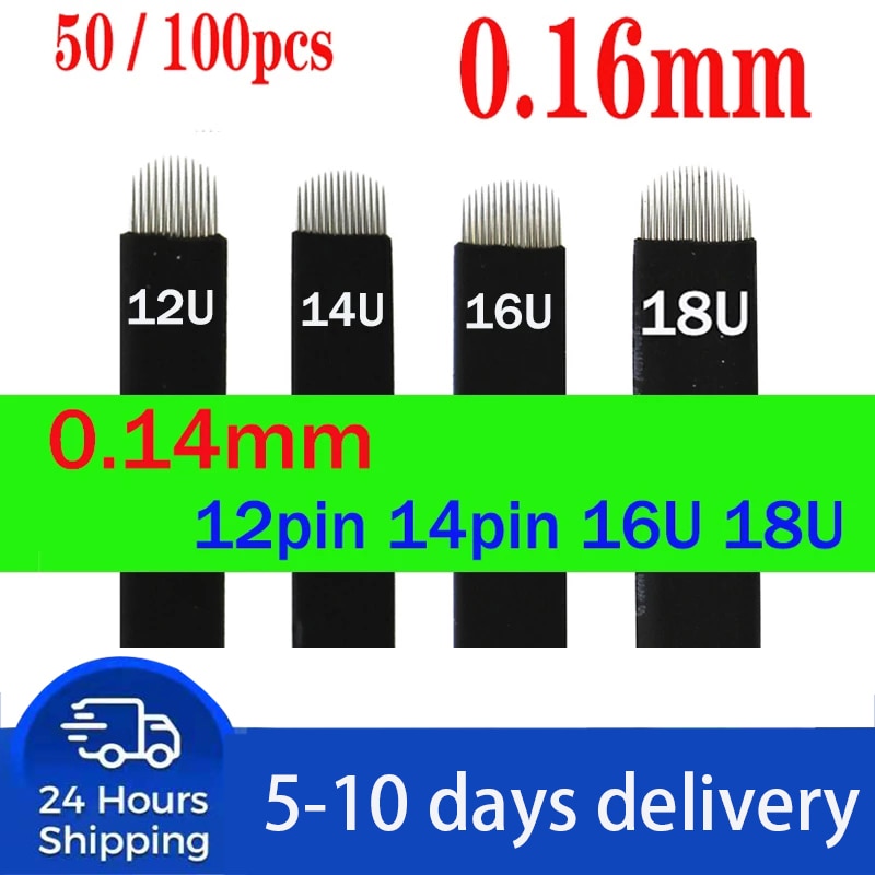 50/100pcs Microblading Needles NANO Black Manual Eyebrow Blades 0.16mm U SHape 12U 14U 16U 18U for Permanent Makeup Supplies