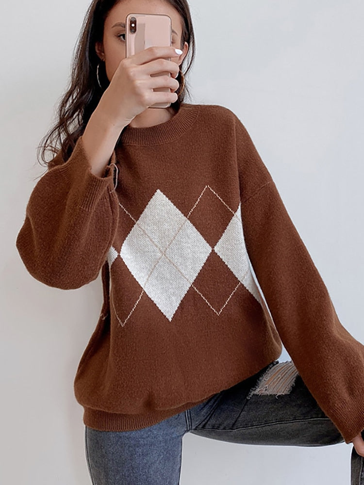 Knitted Sweaters Women Casual Pullover Fashion Argyle Sweater Winter College Style Loose Top Woman Jumper Sueter De Mujer 2021