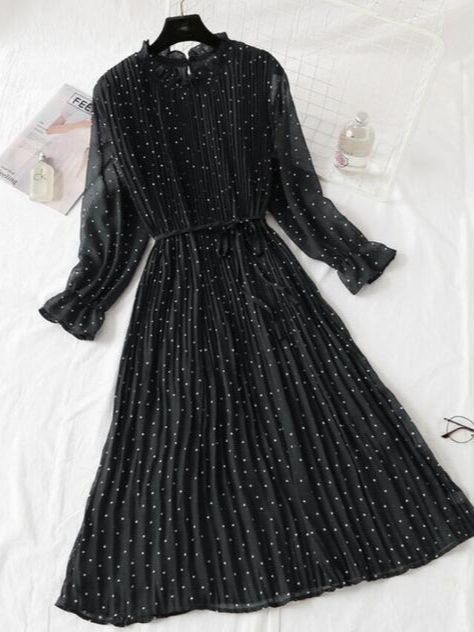 2022 New Women Spring Print Dresses Long Sleeve Chiffon Pleated Dress Casual Ruffle Flare Sleeve Long Dress Loose Vestidos