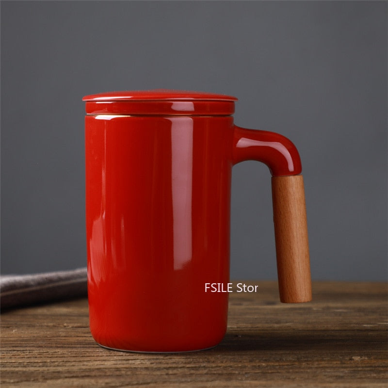 450ml FSILE Ceramic Large Capacity Mug Japanese Style Stoneware Office Cup with Wooden Handle Gift Mug with Lid Tea Separation