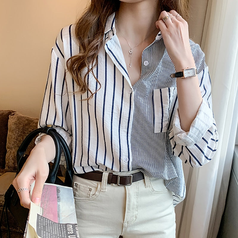Shintimes Striped Casual Pockets Long Sleeve Shirt Women Cotton Blouse Ladies Clothes 2022 Button Womens Tops Chemisier Femme