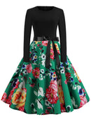 Winter WeihnachtsKleider Damen 50er 60er Vintage Kleid Swing Pinup Elegant Partykleid Langarm Freizeit Print Schwarz