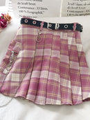 Harajuku Karierter Rock Damen Punk y2k High Waist Mini Tennisrock Uniform Kette Tasche A-Linie Streetwear Vintage Kostenloser Gürtel
