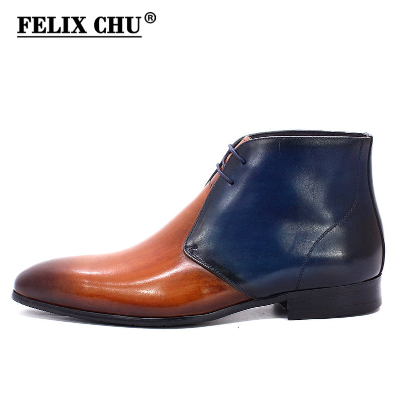 Botines hechos a mano para hombre Felix Chu, botas de moto de cuero genuino para hombre, zapatos de vestir altos con correa de hebilla roja negra para hombre