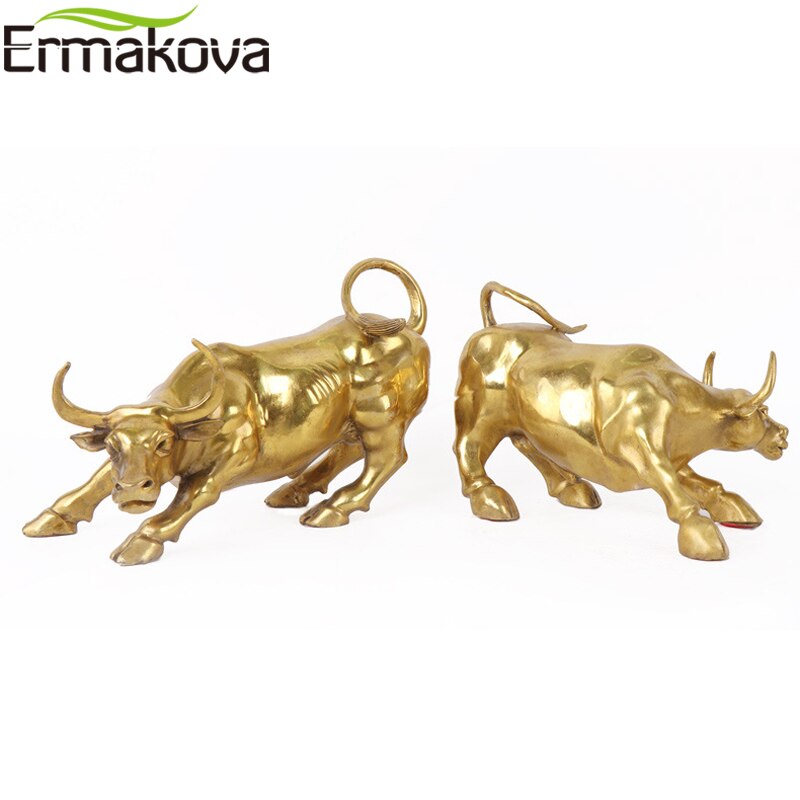 ERMAKOVA Wall Street Golden Fierce Bull OX Figurine Sculpture Charging Stock Market Bull Statue Home Office Decor Gift