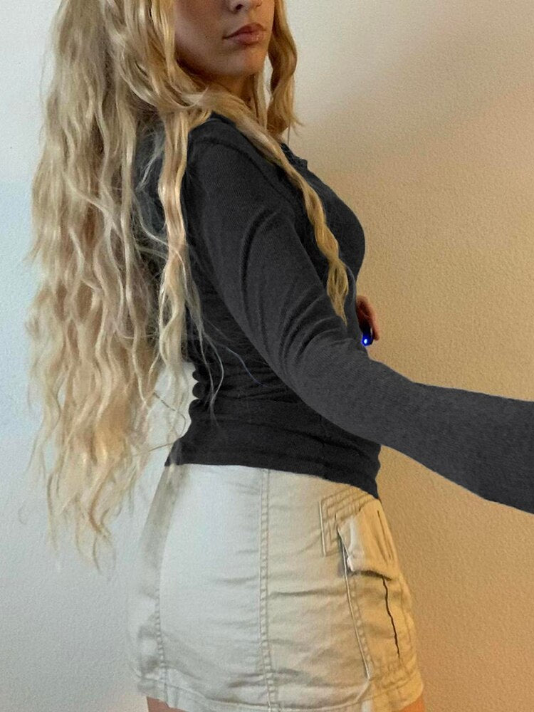 Rapwriter Casual Wave Line Ribbed V-Neck Long Sleeve Crop Top Basic Solid T-Shirt Girl 2023 Streetwear Stretch Tee Shirt femme