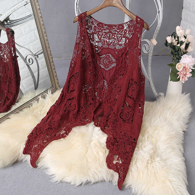 Hippie Froral Patch Design Weste Retro Vintage Häkeln Sommer Strand Cover Up Top Asymmetrische Open Stitch Kimono Cardigain 2022