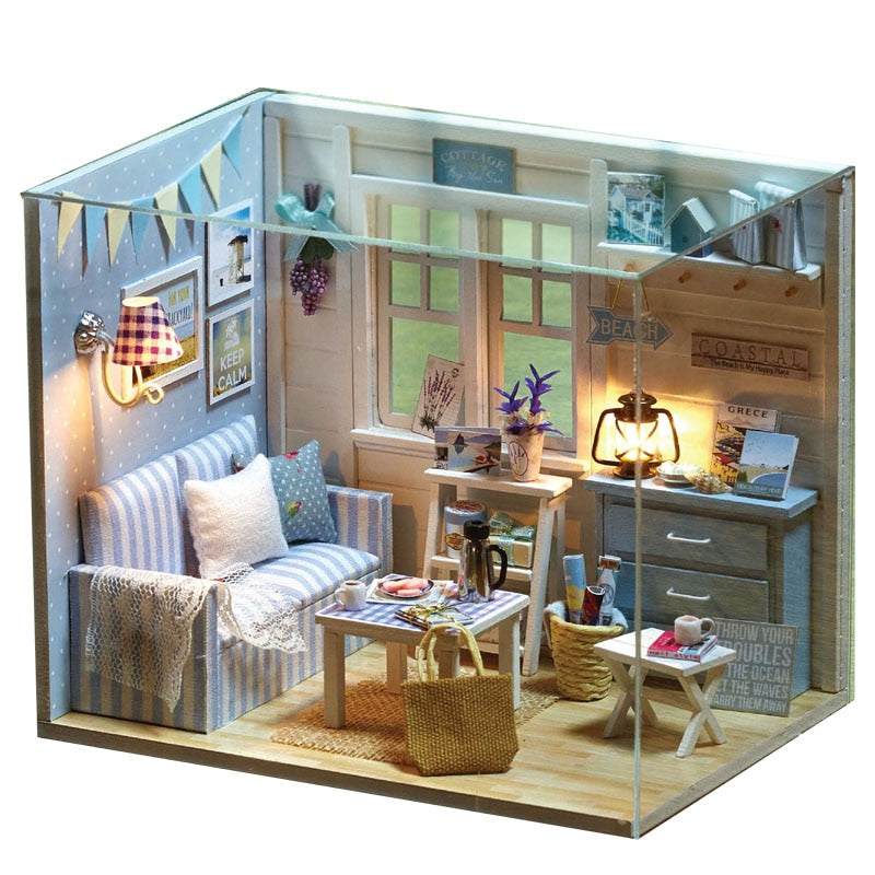 Cutebee DIYHouse Miniature with Furniture LED Music Dust Cover Model Building Blocks Toys for Children Casa De Boneca