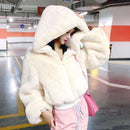 Autumn Winter Faux Rabbit Fur Bomber Teddy Coat Zipper Streetwear High Waist Furry Hooded Plush Jacket Cardigan Fleece Parkas