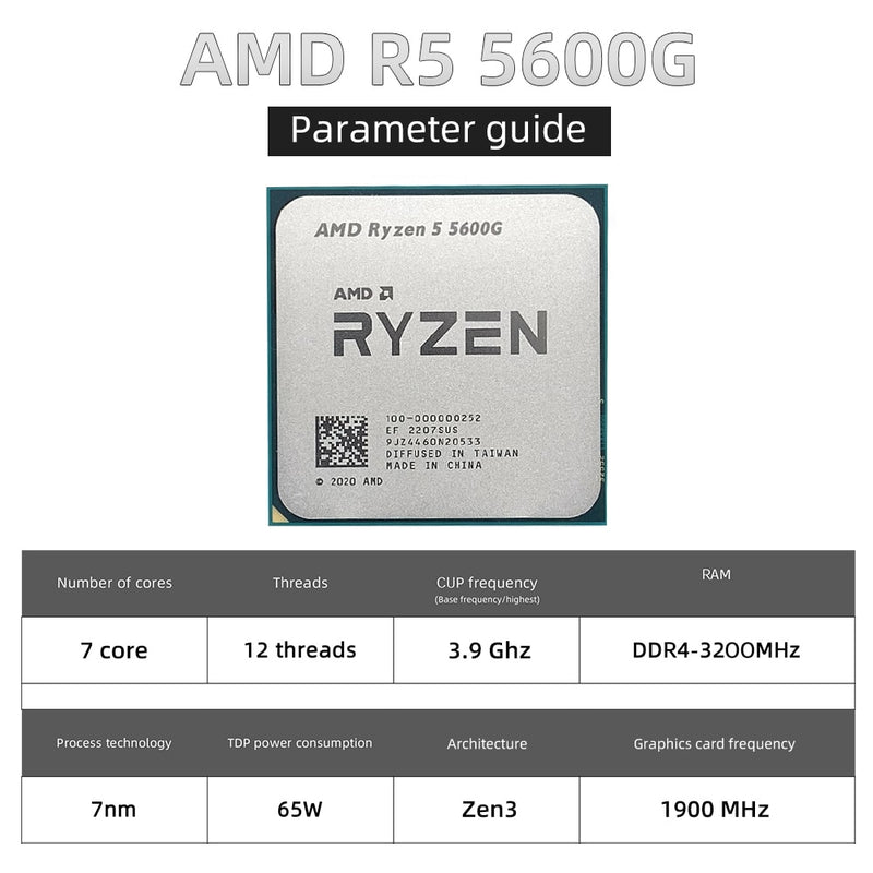 Procesador de CPU AMD Ryzen 5 5600G R5 5600G 3,9 GHz, seis núcleos, doce hilos, 65 W, L3 = 16 M, 100-000000252, enchufe AM4, sin ventilador