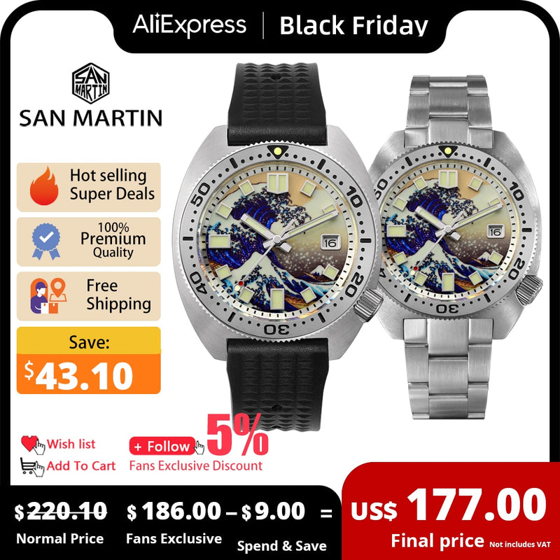 San Martin Diver 6105 Wave 3D Printing Full Luminous Kanagawa Surfing Dial NH35 Automatic Mechanical Men Watch Sapphire Date