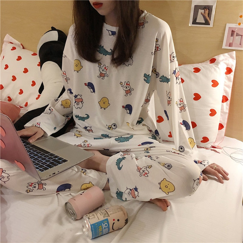 Conjunto de pijamas finos de otoño de 2 piezas, ropa de dormir para mujer, trajes encantadores para el hogar 2021, ropa de dormir de cuello redondo para niñas, pijamas de manga larga