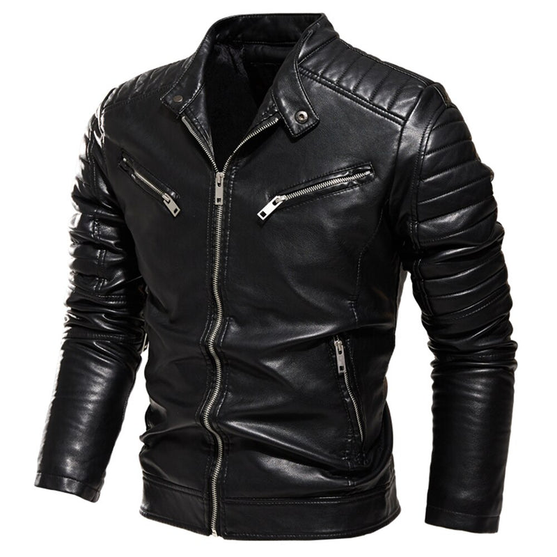 Chaqueta de cuero negro de invierno 2022 para hombre, chaqueta cálida con forro de piel para motocicleta, abrigo de motociclista negro a la moda de calle, abrigo de motorista con diseño plisado y cremallera