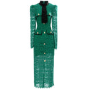 Seasixiang Fashion Designer Spring Summer Lace Pencil Dress Women Stand Collar Long Sleeve Hollow Out Elegant Party Dresses