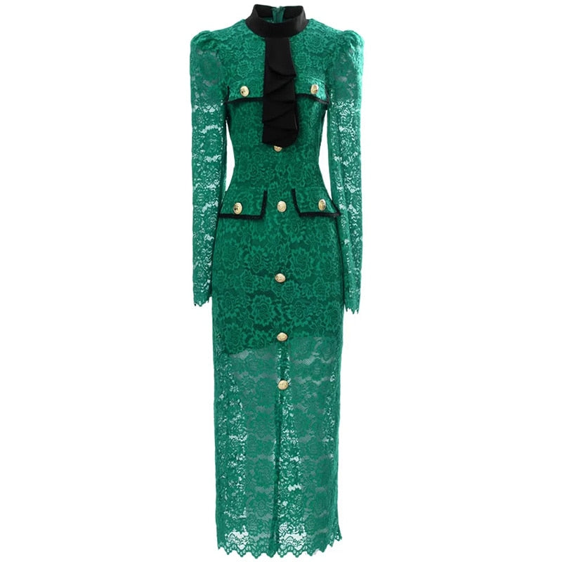 Seasixiang Fashion Designer Spring Summer Lace Pencil Dress Women Stand Collar Long Sleeve Hollow Out Elegant Party Dresses