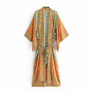 Vintage chic Women yellow Floral Print Sashes beach bohemian Kimono Ladies V Neck batwing Sleeves Maxi robe Boho bikini cover-up