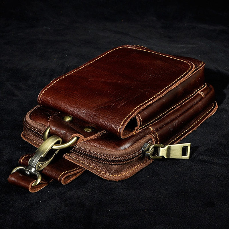 Men Genuine Leather Fanny Pack Cell Phone Cigarette Key Case Coin Purse Pouch Hip Bum Belt Crazy Horse Cowhide Hook Waist Bag