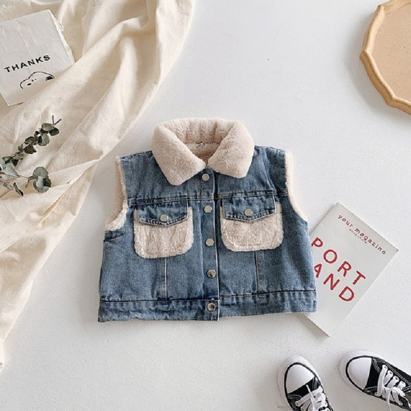 New Fashion Denim Child Waistcoat Winter Coats Warm Fleece Baby Girls Boys Vest Kids Outfits Children Outerwear For 70-140cm