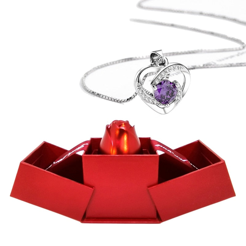 Conjunto de collar de amor eterno con soporte de rosa, colgante de circón rombo romántico con regalos inmortales para el Día de San Valentín