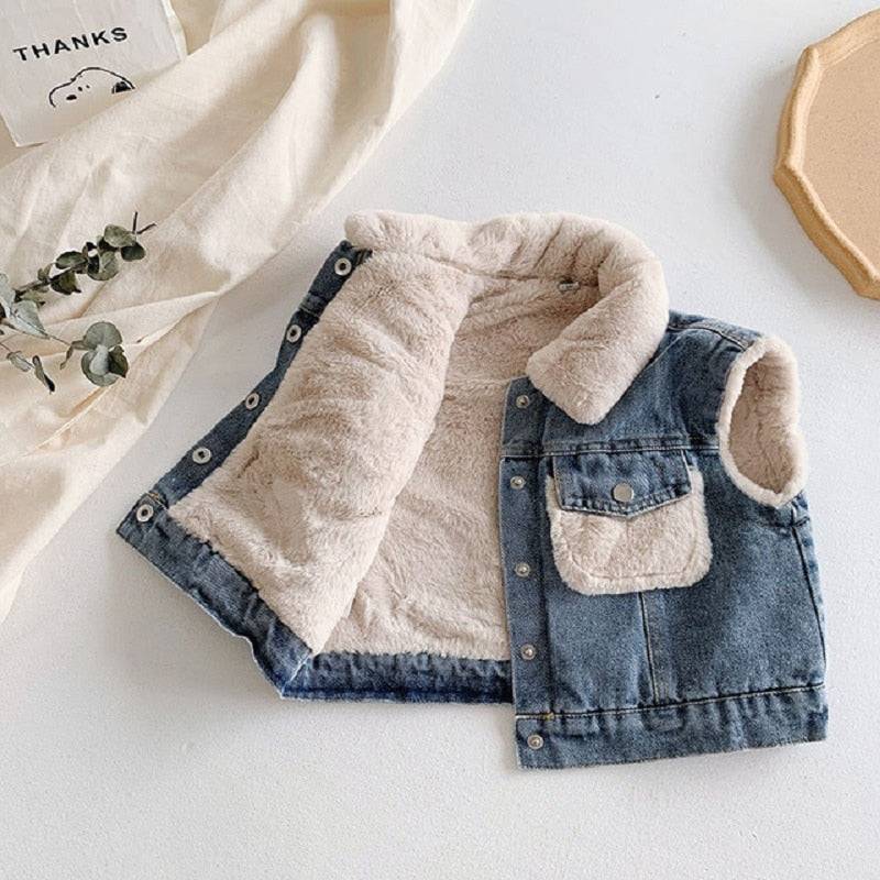 New Fashion Denim Child Waistcoat Winter Coats Warm Fleece Baby Girls Boys Vest Kids Outfits Children Outerwear For 70-140cm