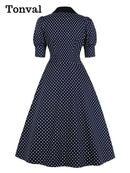 Tonval Puff Sleeve Button Up Polka Dot Vintage A-Line Party Long Dresses for Women Elegant High Waist Cotton Pinup Midi Dress