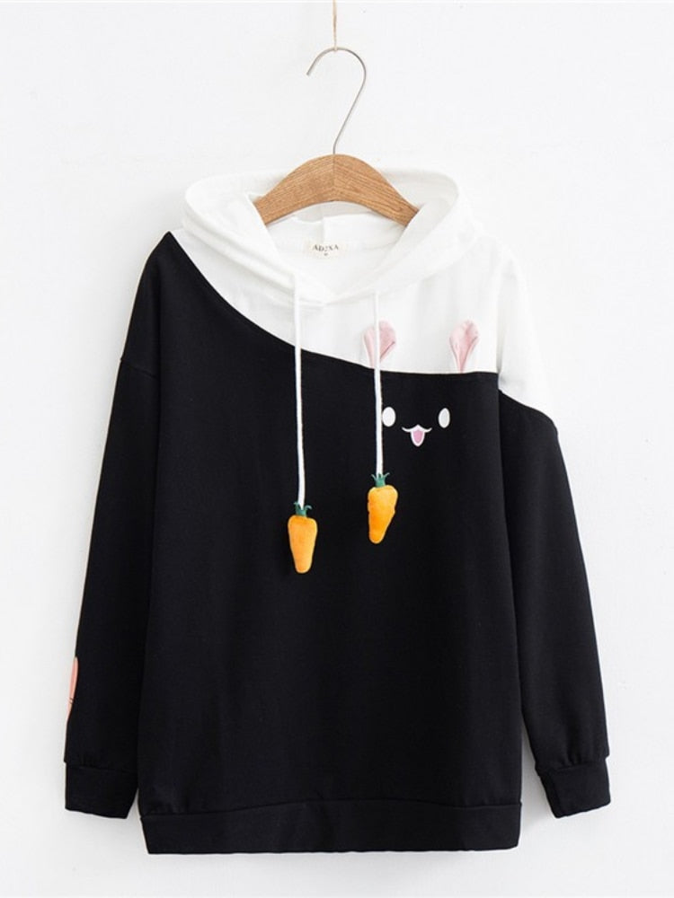 Merry Pretty Women Hoodies Animal Lovely Pullover Kawaii Rabbit Sweatshirt Cute Bunny Graphic Outerwear Pink Black Hoodie Girls