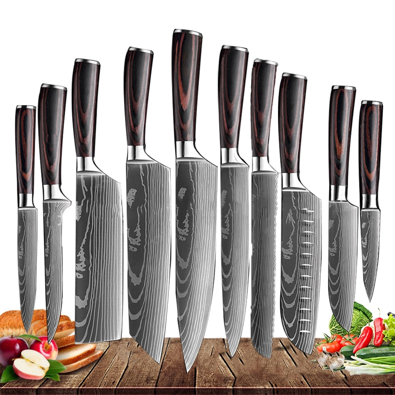 Japanese Kitchen Knife Set Laser Damascus Pattern Stainless Steel  Sharp Cleaver Slicing Utility Knives Kitchen Tools