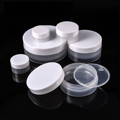 50 Stück Plastikdosen, leere Kosmetikbehälter, transparente Töpfe mit Deckel, weiße Kappe, Cremedose, Dose, Frosty, 3 g, 5 g, 10 g, 30 g, 50 g, 100 g