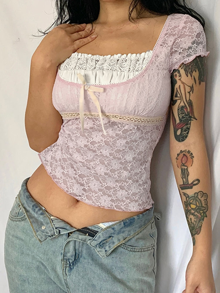 Rapcopter y2k Pink Trim Crop Top Bow Cute Sweet T Shirt Women Retro Short Sleeve Lace Patched Summer Tee Prepply Korean Tshirt