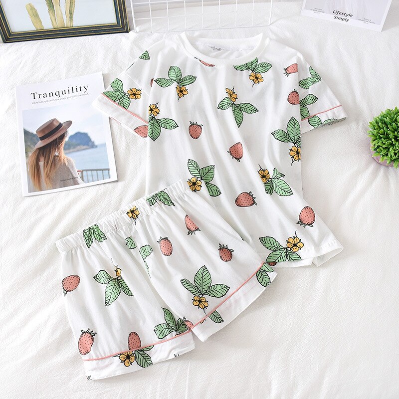 Women's 100% cotton short-sleeved shorts in summer pajamas cartoon summer sports and leisure two-piece suits can be worn out