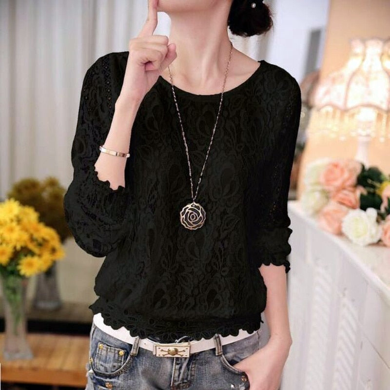 2022 Fashion Summer White Lace Women&#39;s Clothing Long Sleeve Chiffon Women Shirts Blouses Blusas Black Women&#39;s Tops Blouse 51C