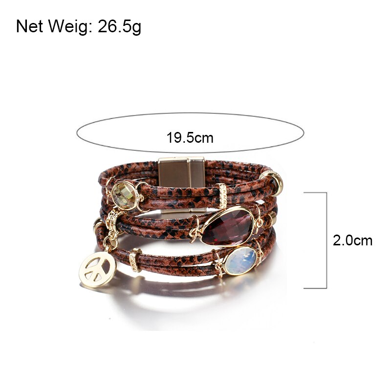ALLYES Mulltilayer Snake Genuine Leather Bracelets for Women Peace Charm Animals Pattern Crystal Wrap Bracelet Female Jewelry