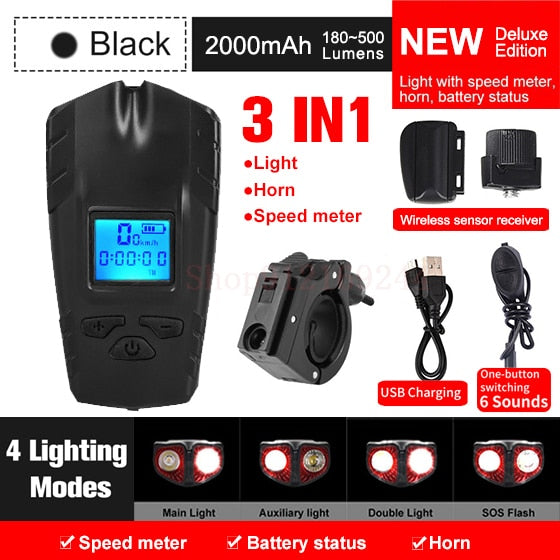 Bicycle Light USB Rechargeable Bike Odometer Front Light Flashlight with Computer LCD Speedometer Cycling Head Lantern Horn